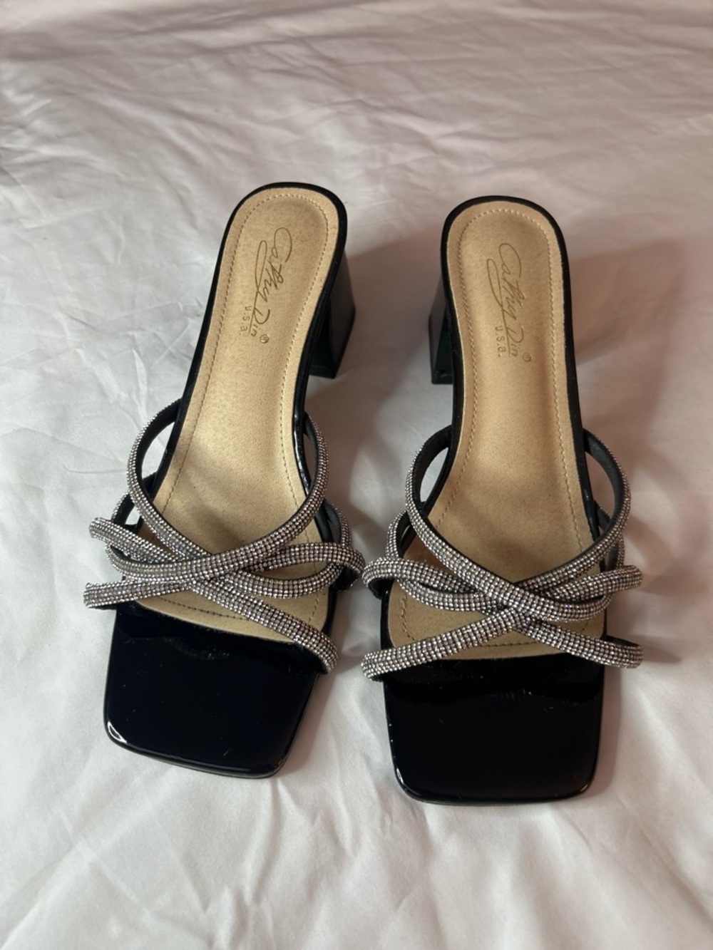Crystal-Strap Black Square-Toe Block Heels